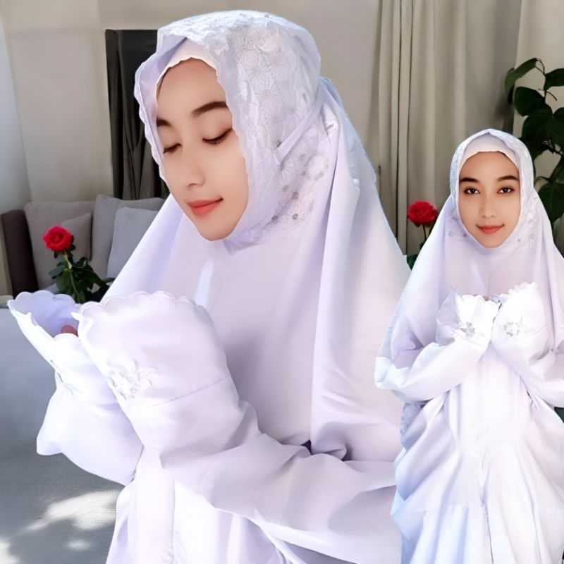 Mukena terusan bordir  putih katun mikro premium grade A