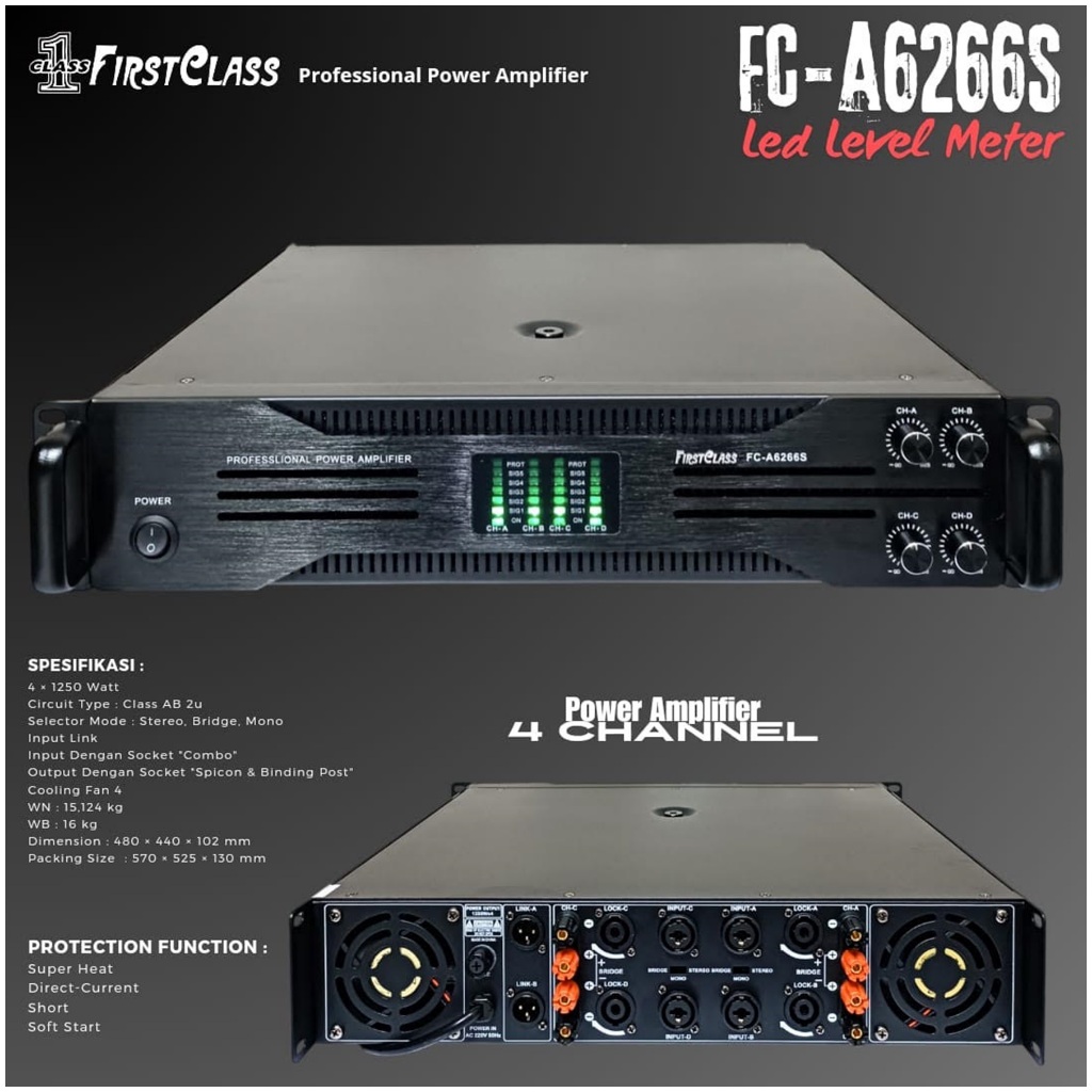 POWER AMPLI FIRST CLASS FC A6266S FCA6266S (SOFT START) 4CH 4 X 1250 WATT