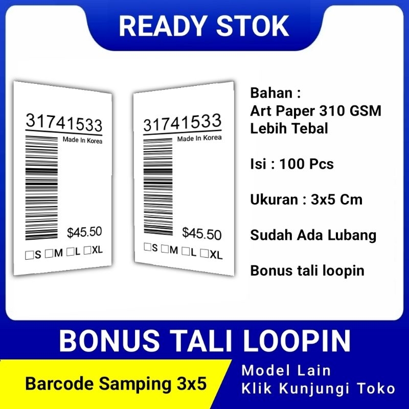 

hang tag label baju murah ukuran 3x5 bonus tali Barcode samping hangtag merek baju handstag pakaian handtag hantag kertas nametag nemtek hang tags brand hentek henstek lebel harga ready stok