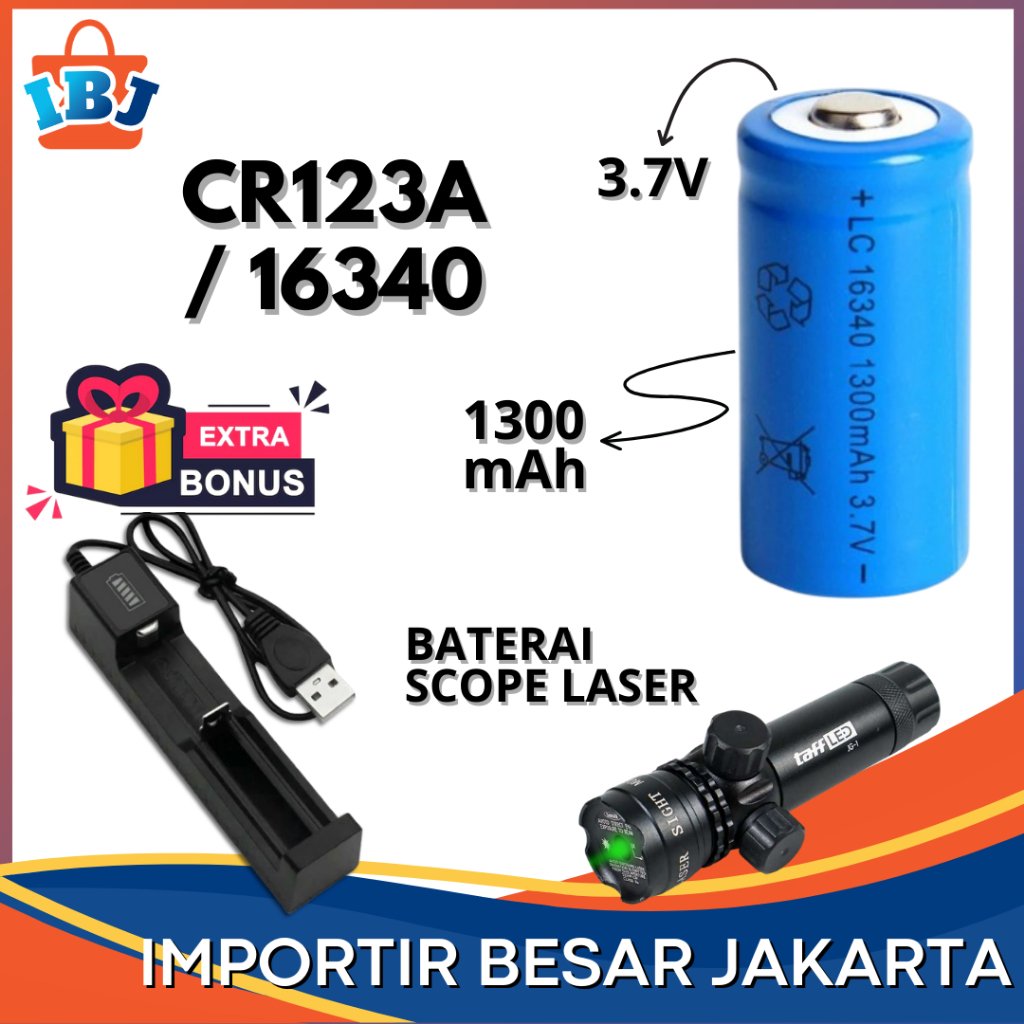 Bonus Charger Cr123A / Cr16340 3.7V 1300Mah Lithium Rechargeable Baterai Scope Laser Senapan