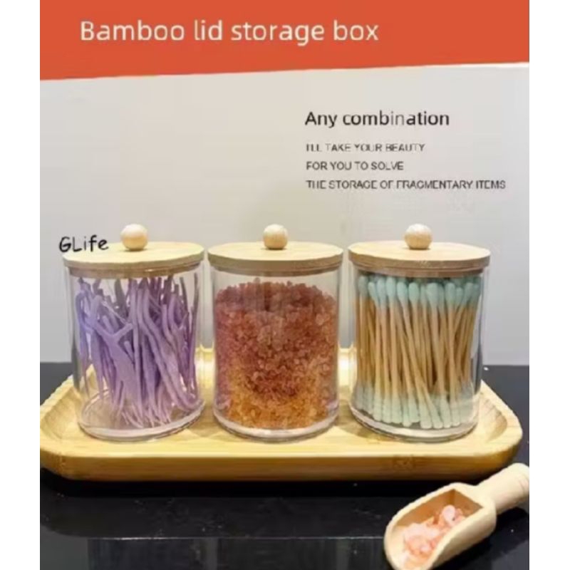 KOTAK PENYIMPANAN DENGAN TUTUP ISI 4 TUTUP BAMBU// KOTAK COTTON BUD// KOTAK KAPAS TRANSPARAN//KOTAK 