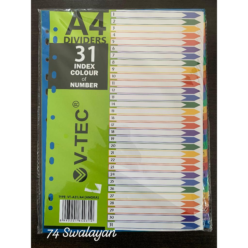 

V-TEC DIVIDERS INDEX COLOUR NUMBER, PEMBATAS BINDER A4