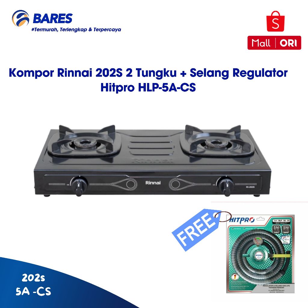 Kompor Rinnai 2 Tungku Rinnai RI 202S Teflon RI 202 S Free Selang Regulator Hitpro HLP - 5A- CS