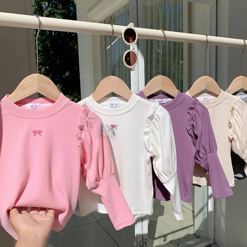 LNR Shop Atasan Anak Perempuan Bordir Pita Model Lengan Panjang Balon Ruffle Cotton Knit Halus Lembu