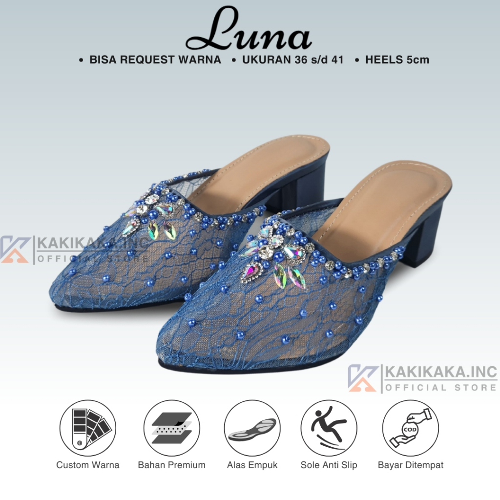 Wedding Shoes LUNA Denim Sepatu Pengantin Wanita Premium Payet Mutiara Selop Manten Perempuan Hak 5c