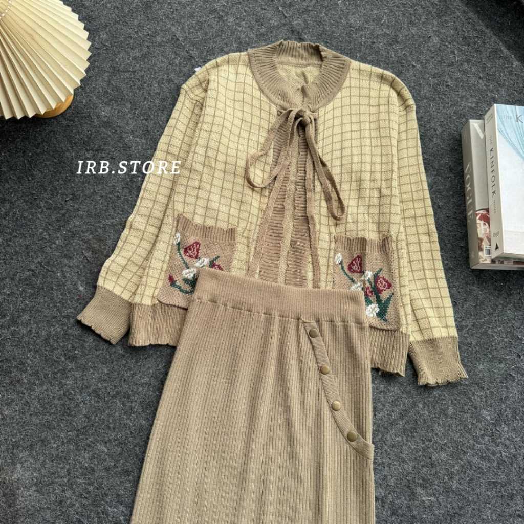 ONE SET AMEL CARDIGAN RAJUT PITA MOTIF KOTAK - CARDY AMEL BUNGA SAKU LENGAN PANJANG KOREA