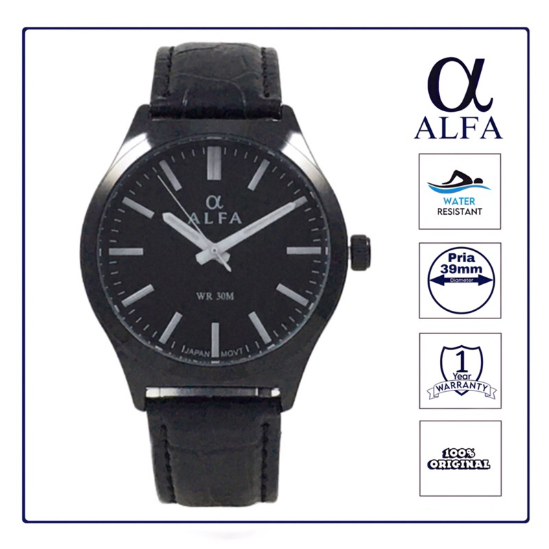 ALFA Jam Tangan Pria Kulit Tahan Air warna Hitam K6001 Original
