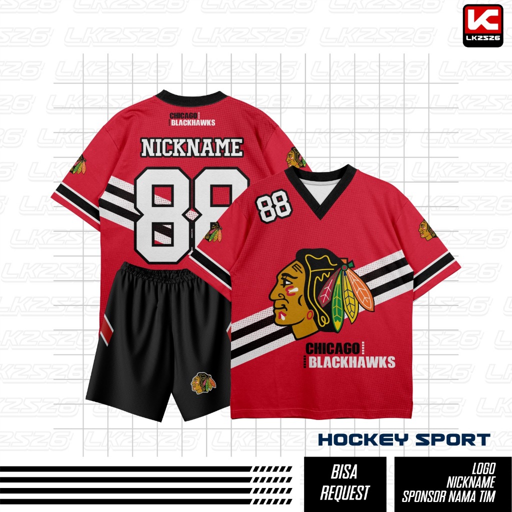 Jersey Hockey Oversize Chicago Blackhawks Merah | Full Print - Free Custom Nama dan Nomor