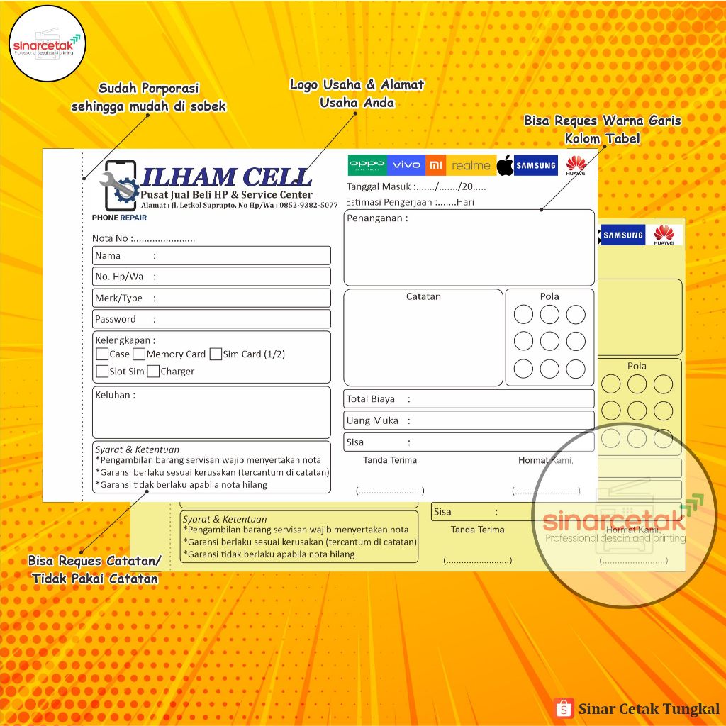 

CETAK NOTA CUSTOM NOTA SERVICE HP 1 PLY 2 PLY ISI 50-100 CETAK NOTA CUSTOM NAMA TOKO SENDIRI
