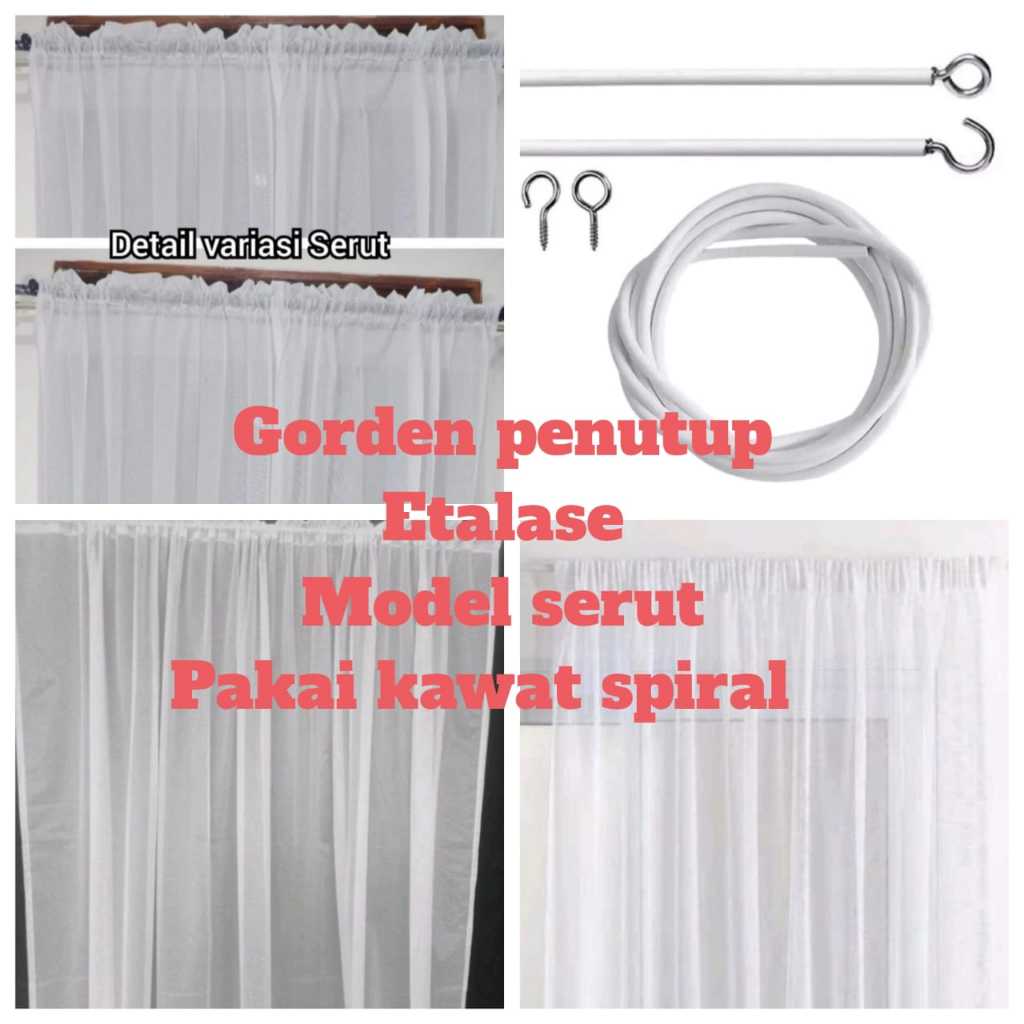 1Set Gorden Penutup Etalase Rumah Makan Vitrase Serut Kawat Spiral Tirai Steling Jualan