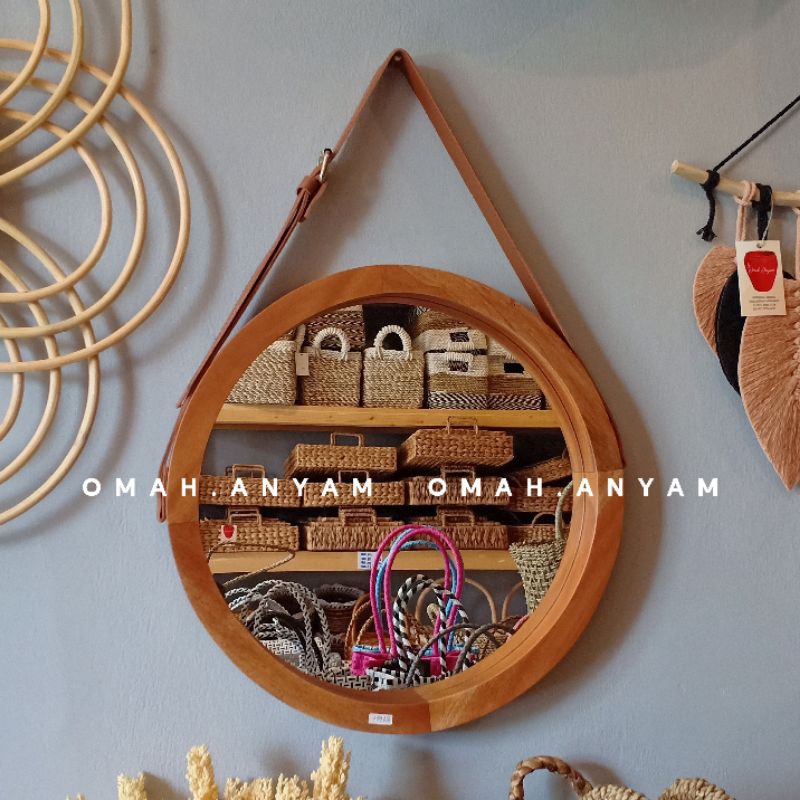 cermin bulat round mirror kayu jati asli | cermin hias minimalis simple | kaca dekorasi dinding teak
