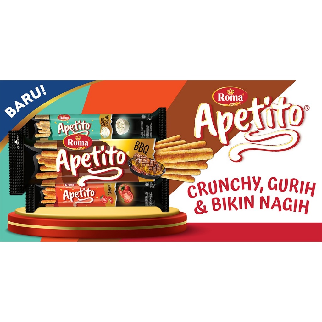 

Roma Apetito snack biskuit stick crunchy & berbumbu kemasan 1 box (150g) isi 10 bungku