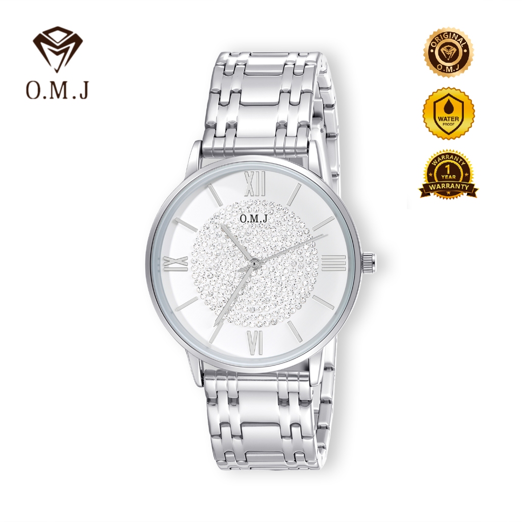 OMJ Jam Tangan Pria Wanita Watch Original Strap Baja Kulit Premium Anti Air & Karat Plat Jam Berlian