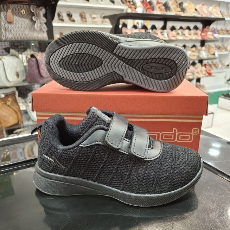 ANDO Sepatu Sekolah Anak | Saga Velcro | Hitam Hitam