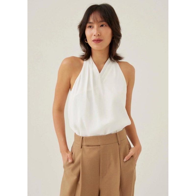 Love Bonito satin pleated halter top white