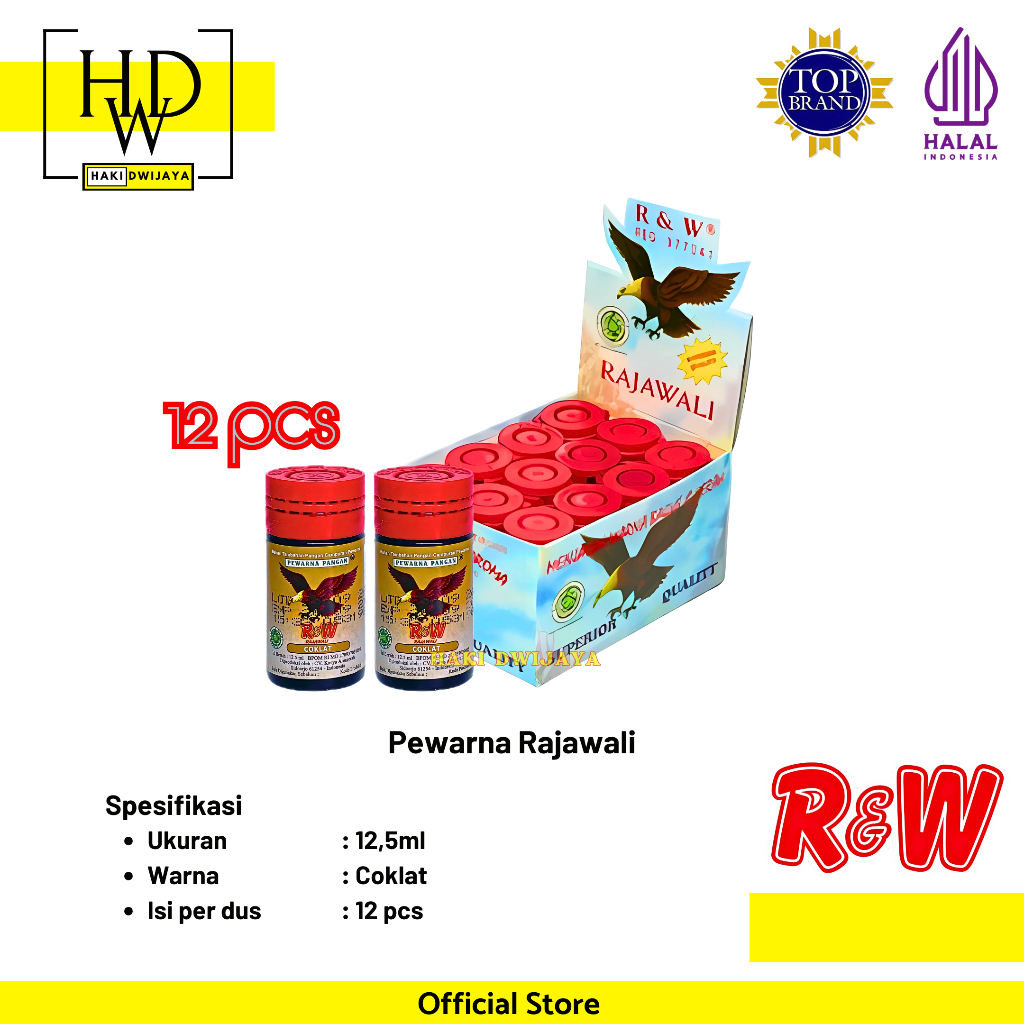

Rajawali Pewarna Makanan Minuman Kue R&W Botol 12,5ml x 12pcs Warna Coklat