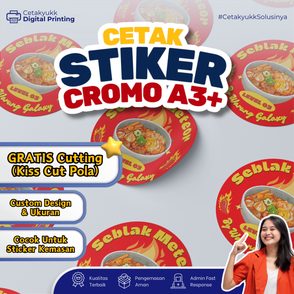 

Cetak Sticker Custom Chromo A3+ GRATIS CUTTING | Stiker Label Kemasan | Sticker Logo