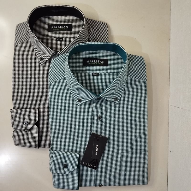 Alisan Kemeja Pria Motif Kotak Kecil Hijau/Hitam Lengan Panjang Slimfit