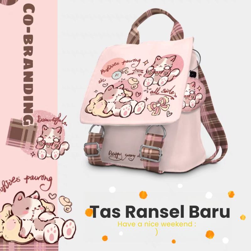 Ransel Anak Kucing Lucu Warna Pink/Tas Ransel Sekolah Kanvas Kapasitas Besar/Tas Ransel Serbaguna/Ta