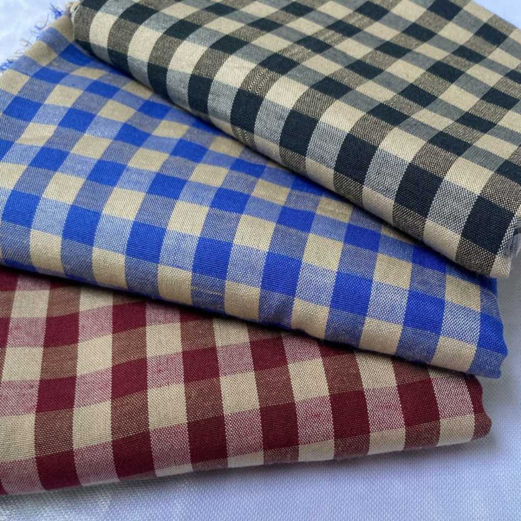 KAIN KOTAK 1CM DASAR BROWN KATUN SEMI LINEN KOTAK KOTAK / PLAID / TARTAN / GINGHAM / YARNDYED /kain 