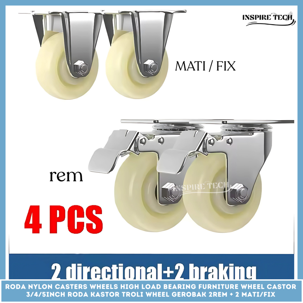 Roda NYLON Caster SET MATI - REM 4PCS Medium Duty +Bearing Roda Kastor Troli Wheel Gerobak Trolley L
