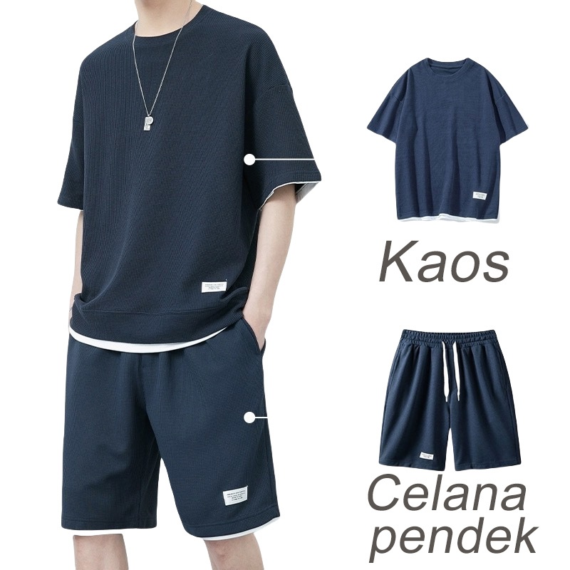 DISKON (WAFFLE)BAJU SETELAN PRIA/BAJU PANTAI PRIA SATU SET/BAJU OVERSIZE PRIA/KOREA STYLE PRIA -