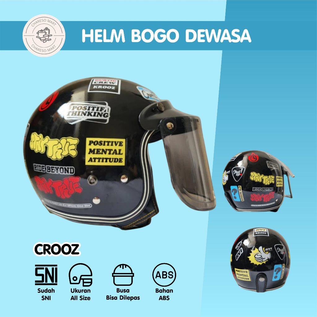 Helm Bogo Dewasa Retro Crooz Hitam HDS HELMET SNI Half Face Classic Stylish & Aman