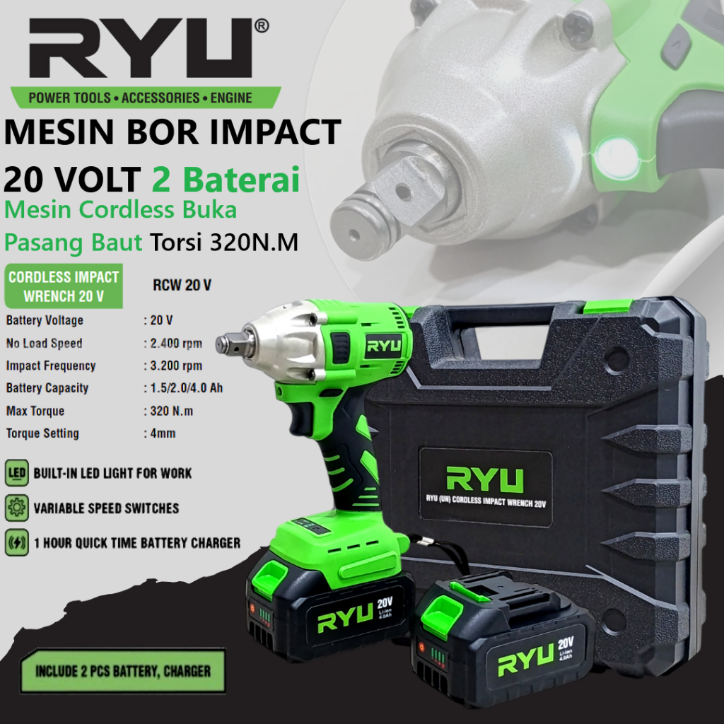 RYU Mesin Bor Cordless Impact Wrench Buka Baut RCW 20V Bor Baterai Buka Baut Ban Mesin Pembuka Baut 