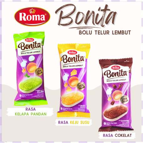 

Roma Bonita Bolu Telur 1 Box isi 12 Pcs Cokelat Keju Susu Kelapa Pandan/Mix 3 Rasa