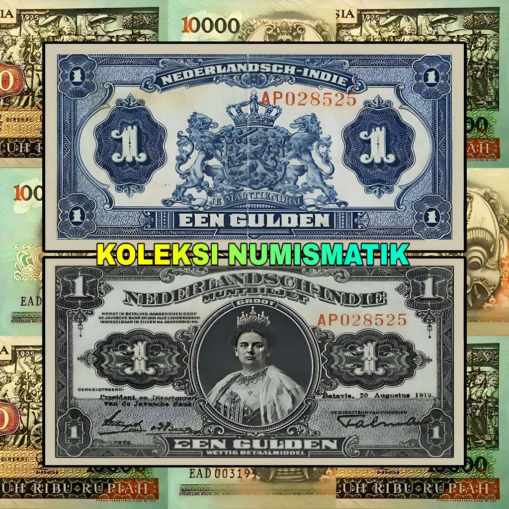 SOUVENIR KERTAS KUNO HINDIA BELANDA 1 GULDEN MUNTBILJET WILHELMINA 1919