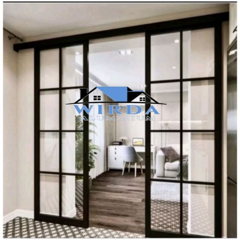 PINTU SLEDING ORNAMEN KACA ALUMUNIUM+ KUSEN 3inchi T200xL200 BISA COSTUM UKURAN