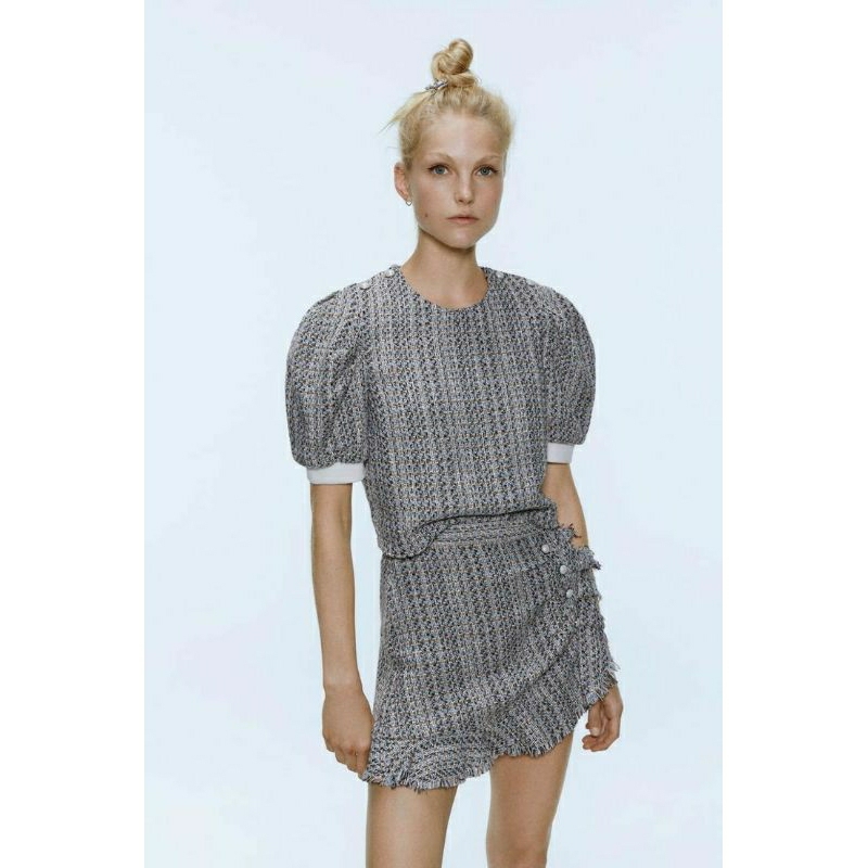(WITH TAG) ZARA TWEED CROP TOP BLOUSE ATASAN KOTAK PUFF SLEEVE KOREA ORIGINAL