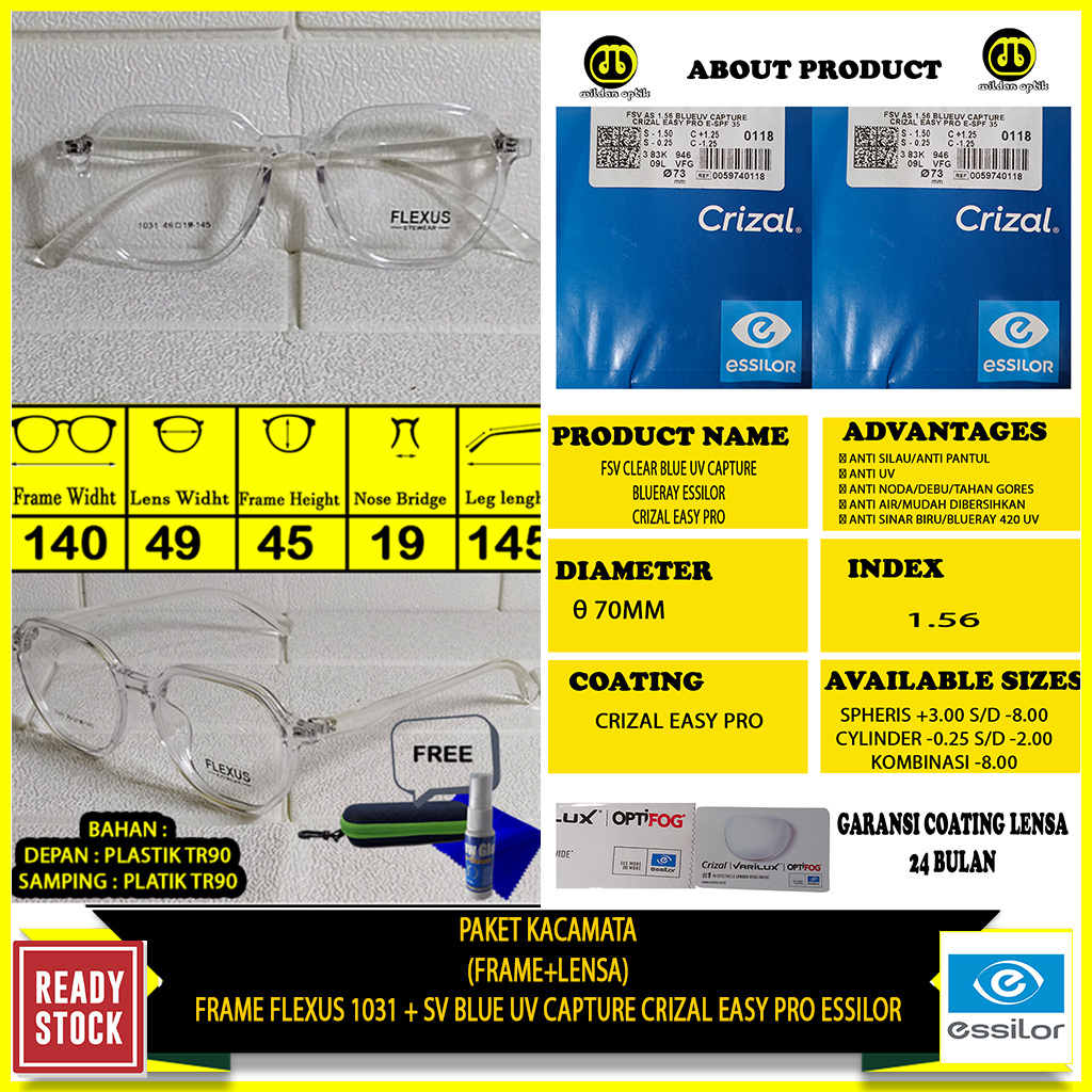 PAKET KACAMATA ESSILOR ORIGINAL FRAME FLEXUS 1031 BENING TRANSFARAN