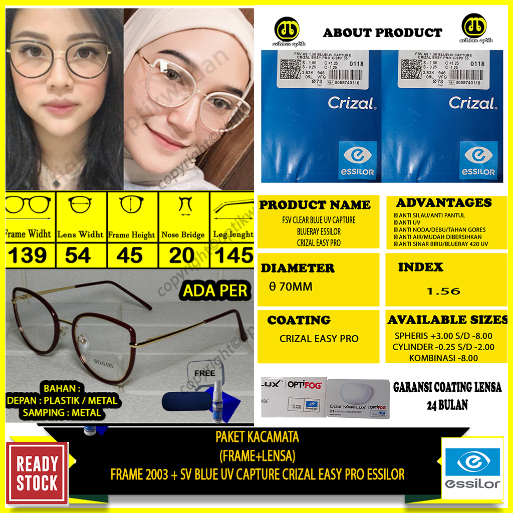 PAKET KACAMATA FRAME 3003 + ESSILOR BLUE UV CAPTURE CRIZAL EASY PRO