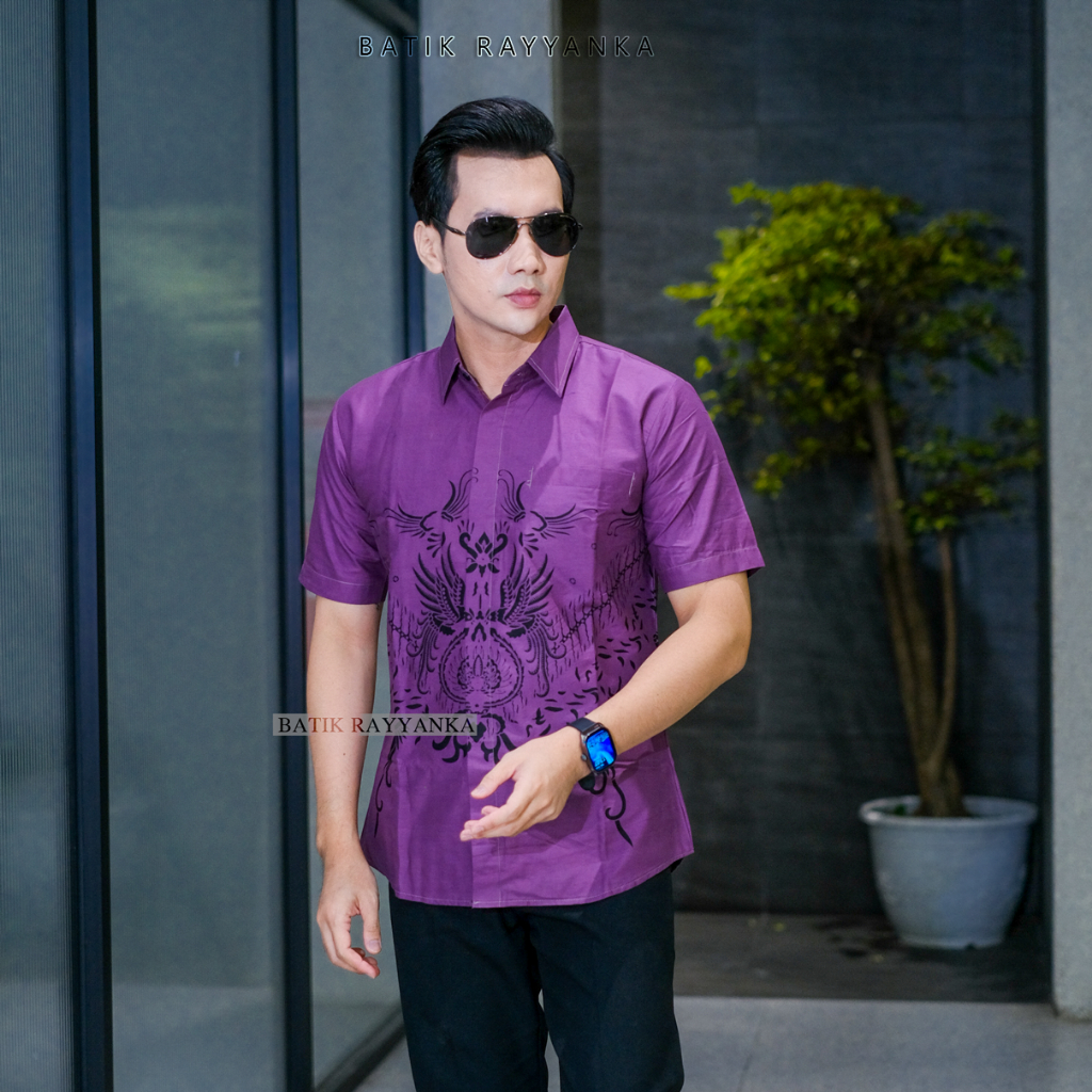 Batik Rayyanka Motif Tawang Ungu Kemeja Batik warna ungu terong lengan pendek original slimfit