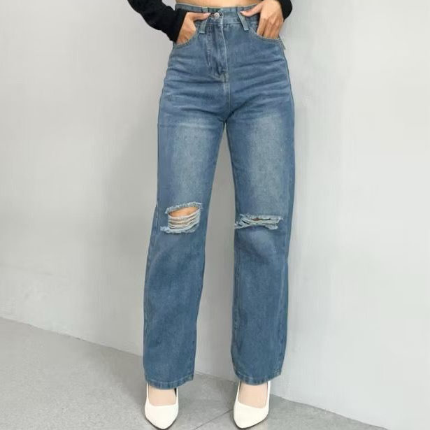 Esgejeans-Celana Panjang Highwaist Polos Ripped Jeans wanita -  Jeans Premium Quality
