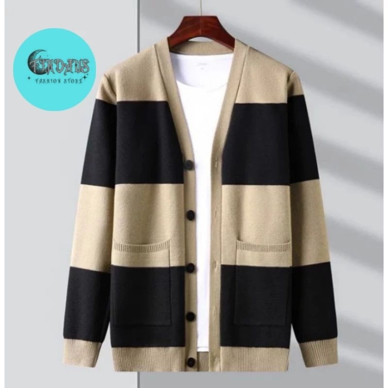 Cardigan pria Korea motif salur Cotton Rajut Tebal kualitas Premium