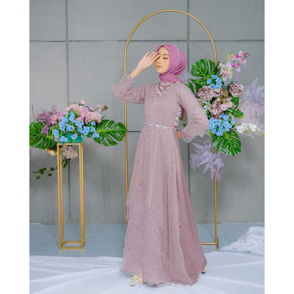 Rinda Gamis Brukat Premium By Aghnia Fashion Muslim Dress Satin Maxmara Mix Tille Ada Jumbo XX promo