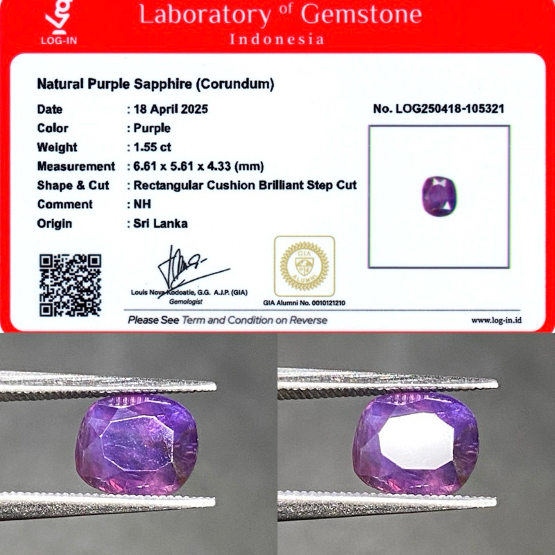 1,55 cts Natural Purple Sapphire origin Ceylon / Sri Lanka No Heat Memo LOGIN