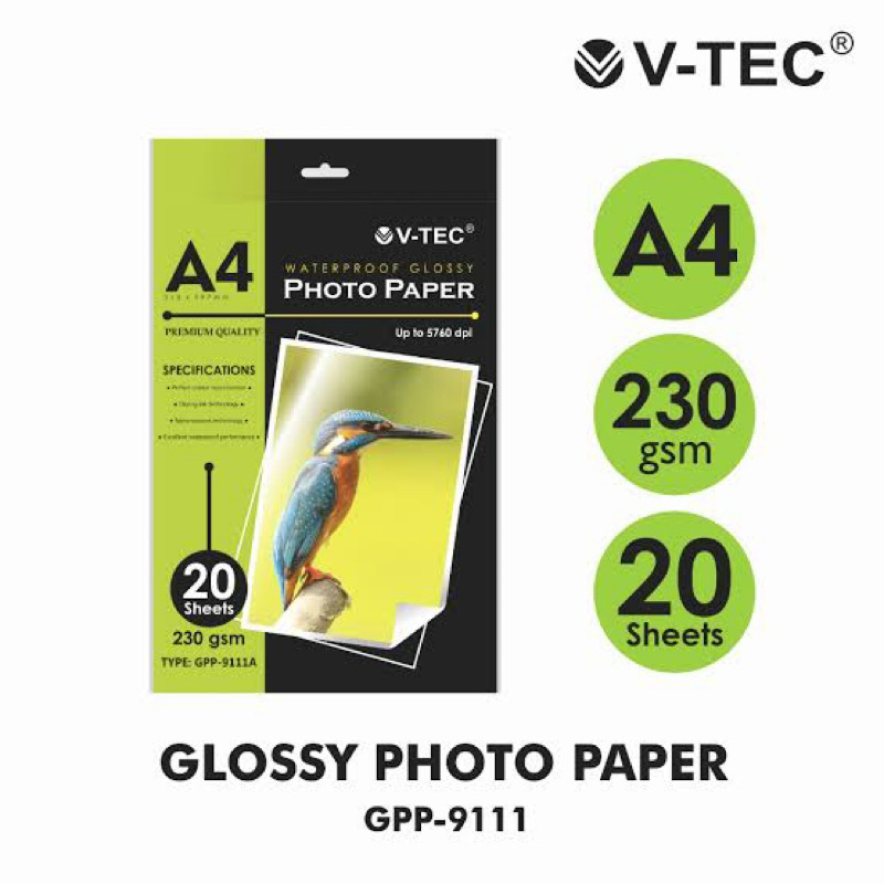 

Kertas Foto V-tec / waterproof glossy photo paper Vtec A4 230