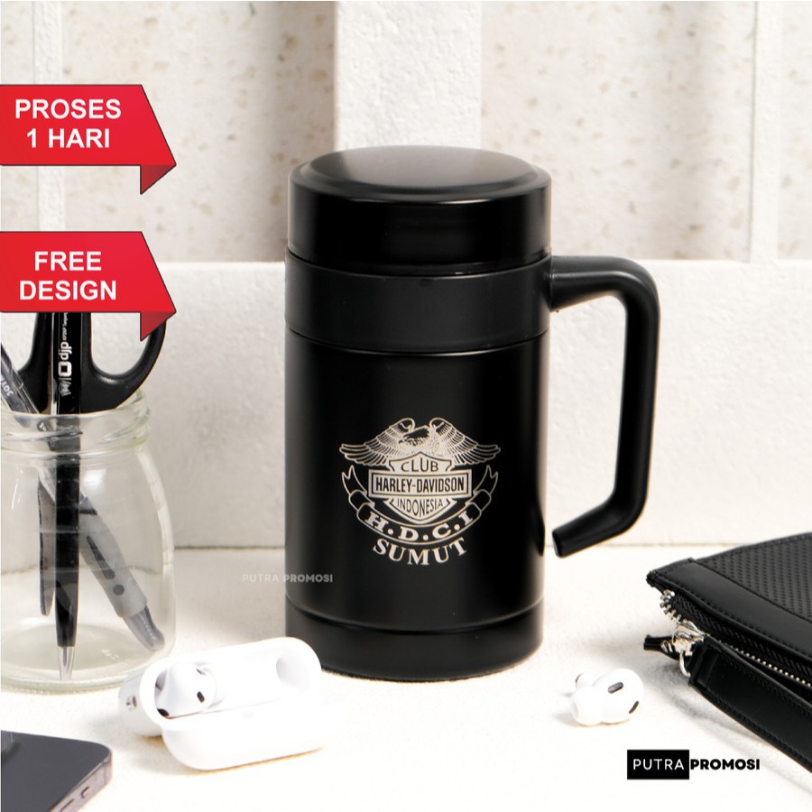 Gelas Mug Vacum Stainless Steel Custom Grafir Laser - Hitam, Polos