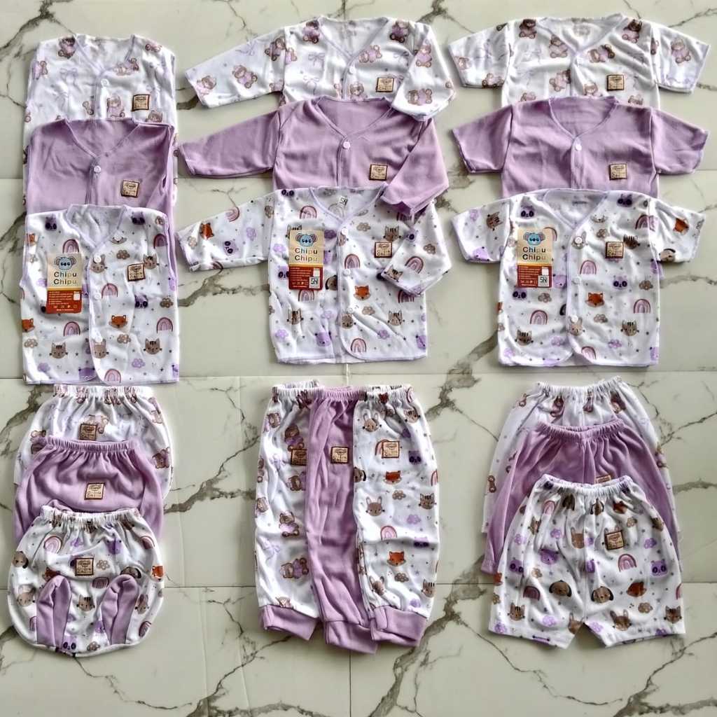 Baju Bayi Newborn Set 18 Pcs Seri Chipu Lilac Pakaian Baru Lahir Bahan Lembut Nyaman di Pakai