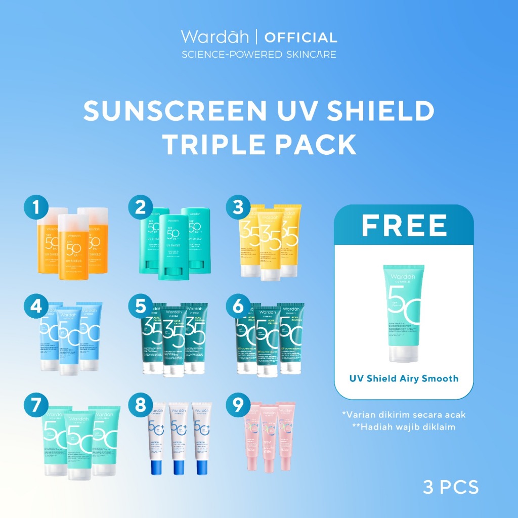 [TRIPLE PACK] Wardah UV Shield Sunscreen SPF 35 SPF 50 - Airy Smooth, Essential Gel, Acne Calming, A