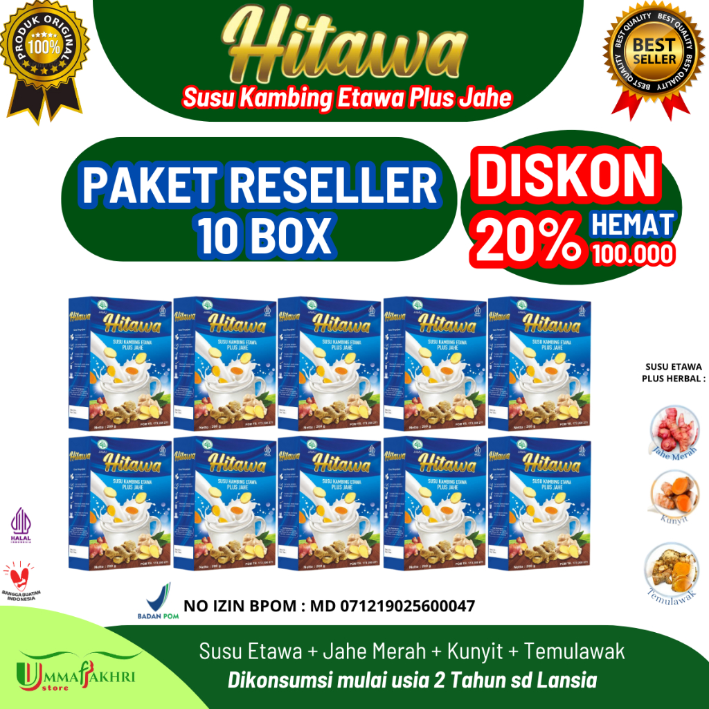 

HITAWA 10 Box Paket Reseller susu etawa Jahe Terapi nyeri sendi dan tulang