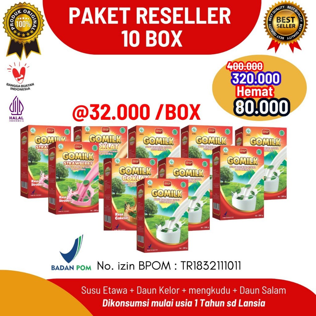 

Paket Reseller 10 Box Gomilk susu kambing etawa plus herbal