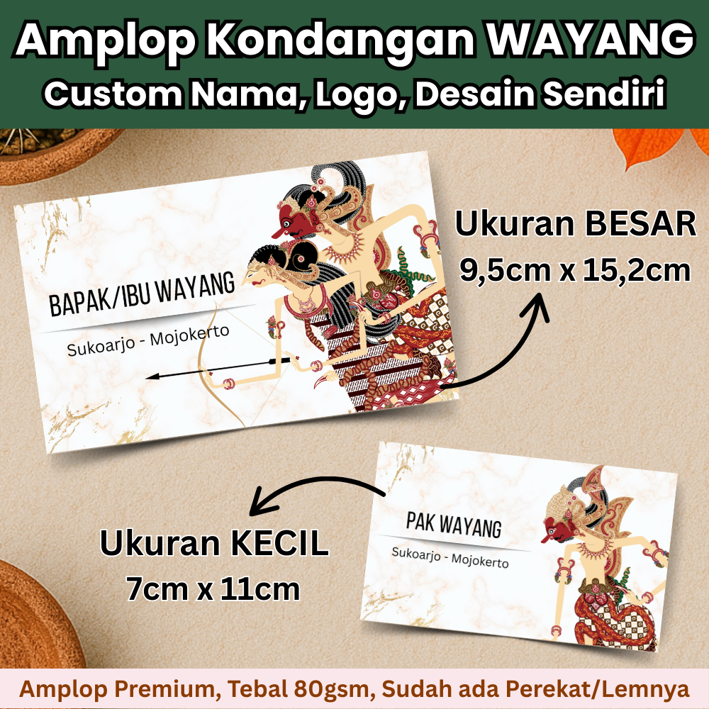 

AMPLOP KONDANGAN CUSTOM NAMA 50/100pcs Motif Wayang Sudah ada Perekat/Lem Ukuran BESAR dan KECIL