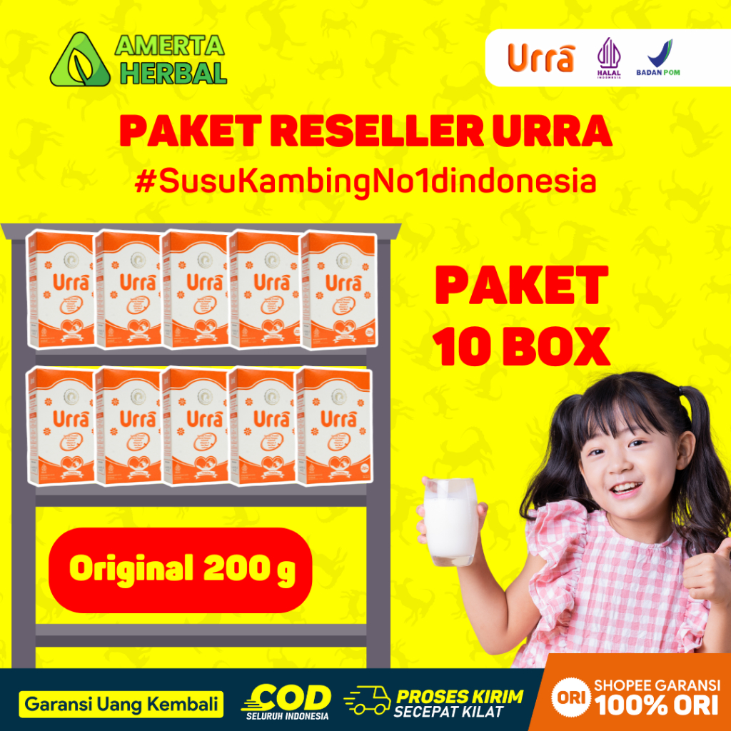

[PAKET RESELLER 10 BOX] Susu Urra - Kambing Saanen,Tinggi Protein, Kalsium & Vitamin-200g Halal BPOM