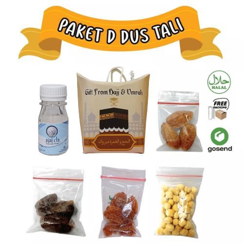 

Oleh Oleh Haji/Umroh 1 Pcs Paket D Dus Tali, Botol+Air zam zam, Kurma, Kacang Arab, Kismis, Almond
