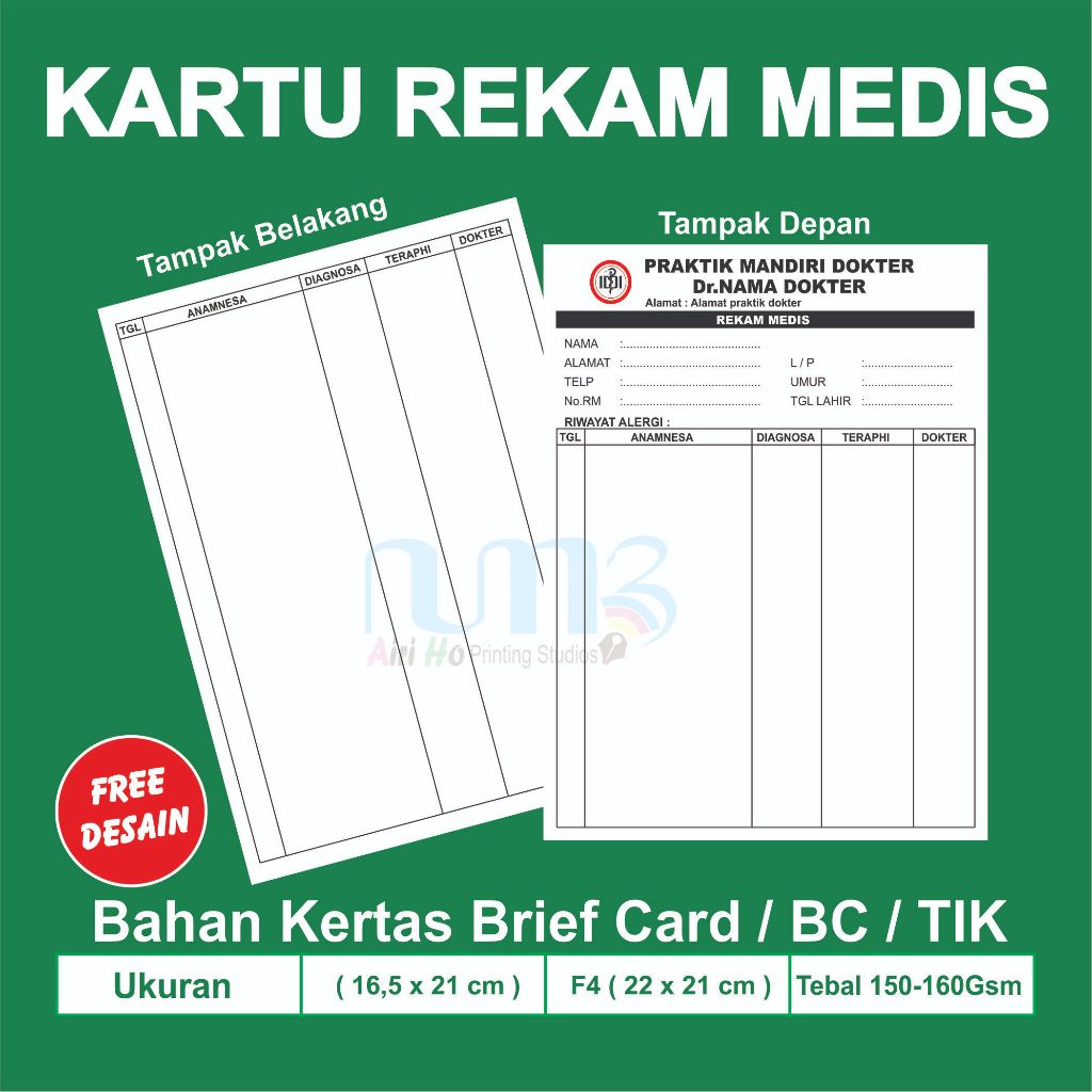 

Kartu Rekam Medis Tebal Brief Card | Ukuran 16.5x21 cm / 33x21 cm | Bisa Custom Klinik