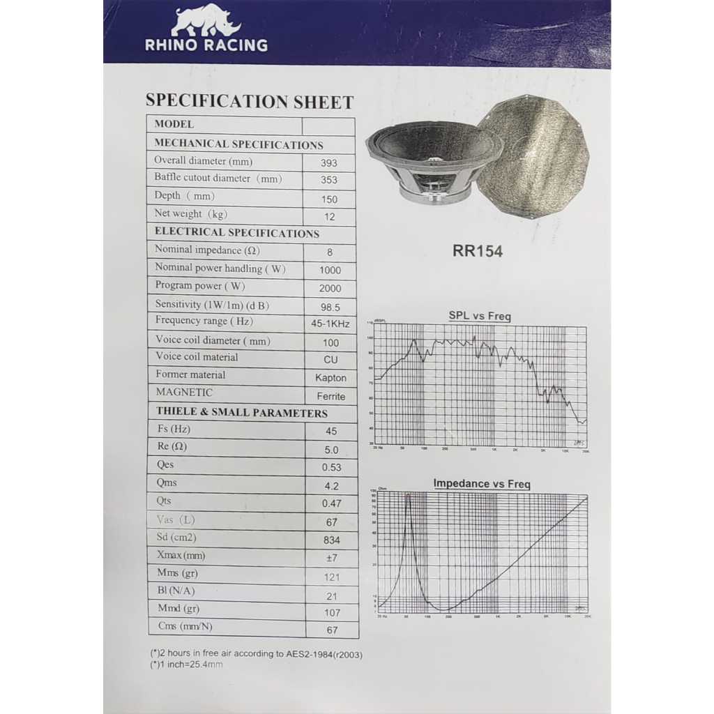 Speaker Rhino Racing RR154 / RR 154 – Midlow – Ferite Magnet 15 Inch – ORIGINAL